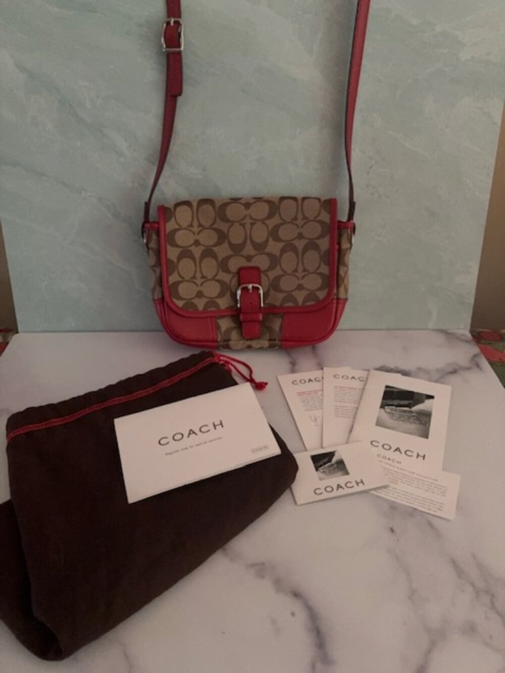 Vintage COACH 2003 Logo Signature Red Leather Crossbody Purse Handbag UNCARRIED!